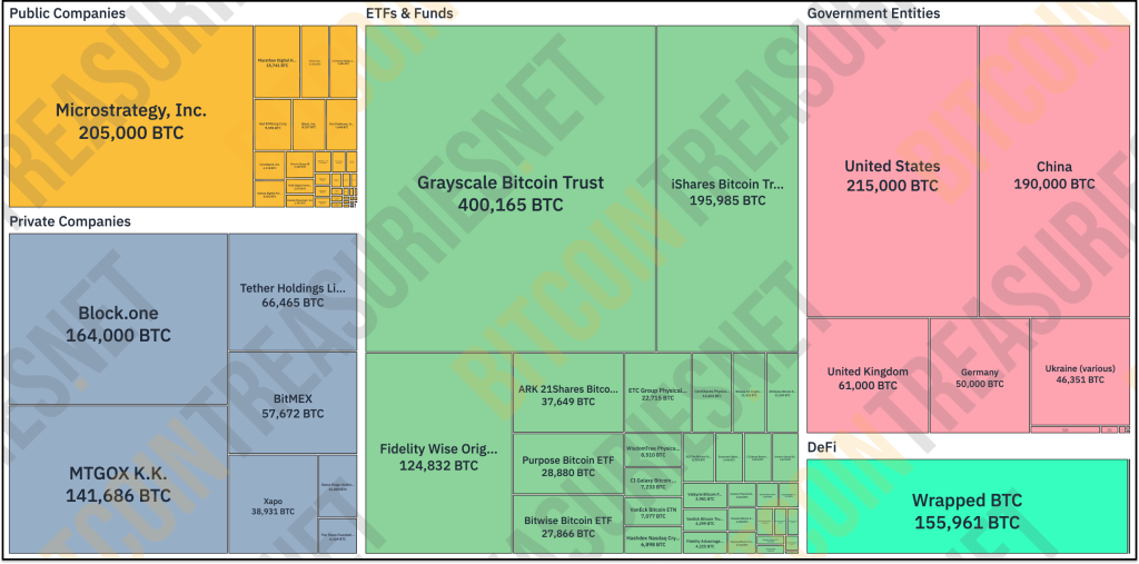 Overzicht verdeling BTC market cap over verschillende type bedrijven, organisaties en overheden afkomstig van https://bitcointreasuries.net/